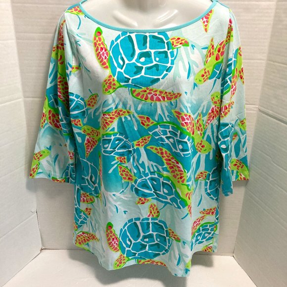 Ana Clare Resort Wear Top 3/4 sleeve soft stretchy turtle print turquoise L - Picture 1 of 6